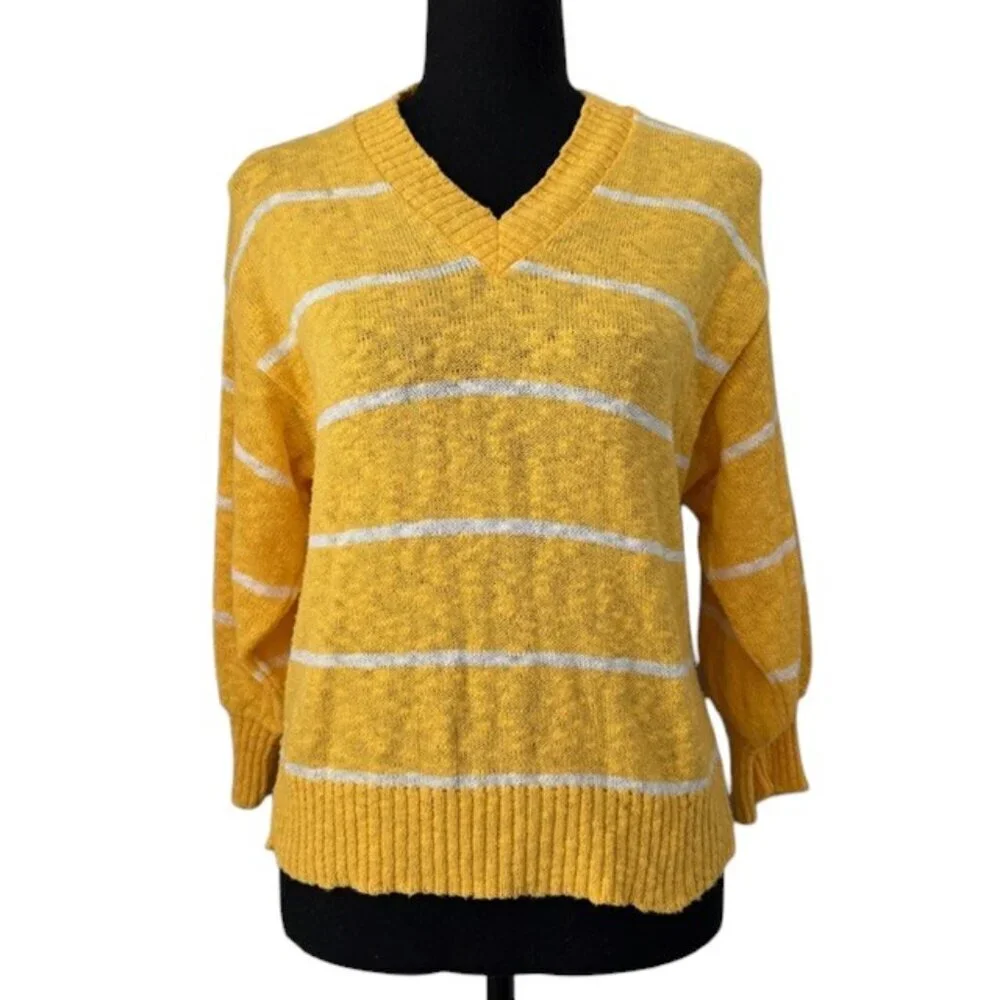 VINTAGE 80s DVF Diane Von Furstenberg Yellow Striped V-Neck Sweater Small